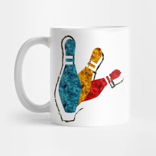 Retro Pins Bowling Shirt in blue, gold and red Mug